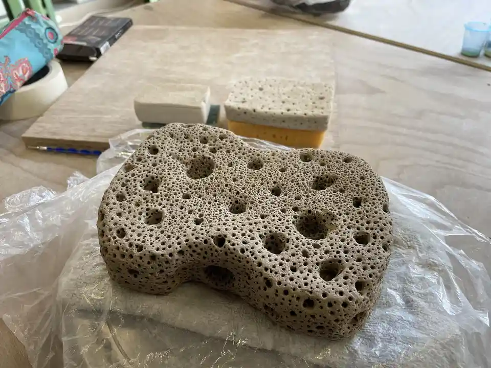 A large, porous, beige rock with numerous holes sits on a plastic bag on a wooden table, resembling a sponge but clearly not…