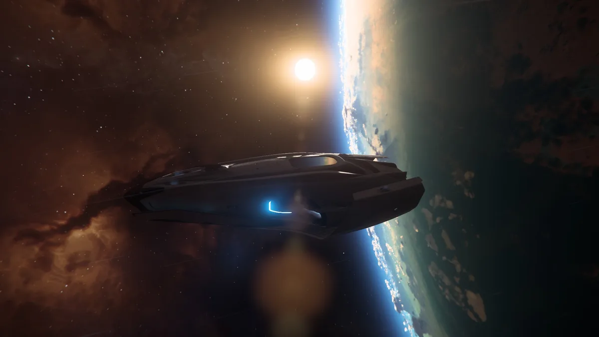 A sleek, futuristic spaceship with glowing blue lights flies past a planet with a bright sun in the background. The overlaid…