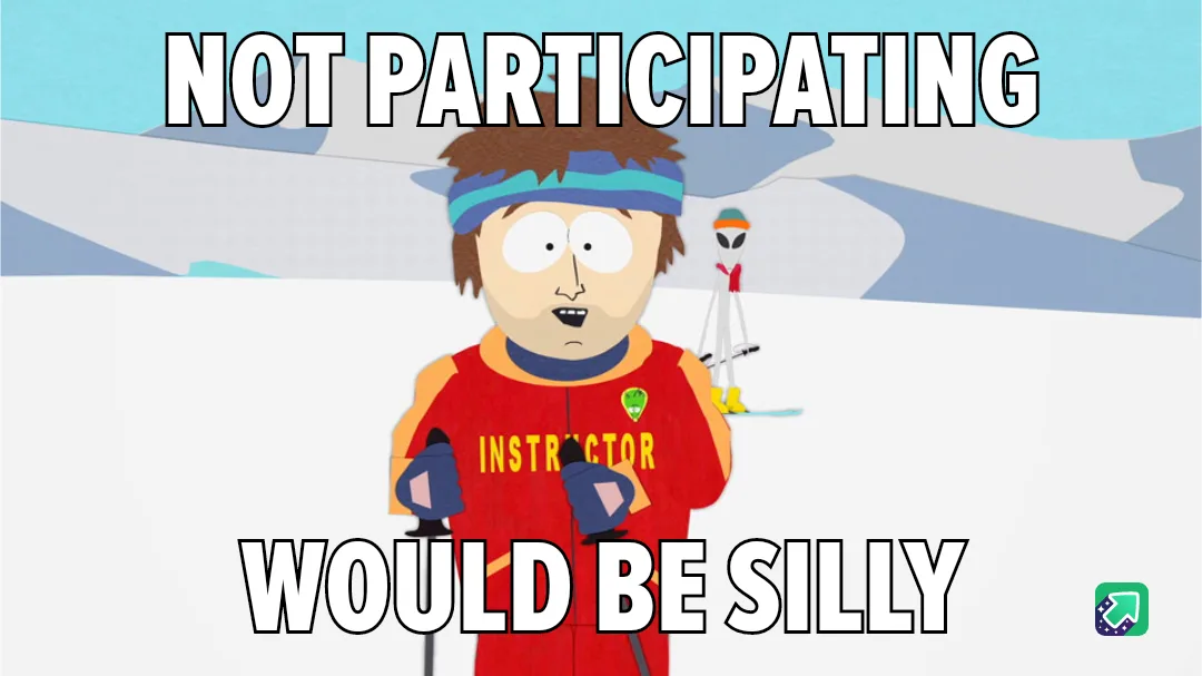 A cartoon character in a red ski instructor jacket with 'INSTRUCTOR' on the chest stands in snow, looking surprised. Behind…
