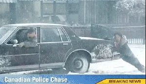 A six-panel sequence shows a police chase in heavy snow. In the first three panels, a suspect is seen pushing a police car…