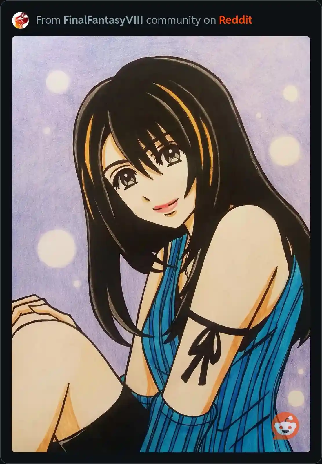 An anime-style illustration of a young woman with long black hair and bangs, wearing a blue dress with black ribbon details…