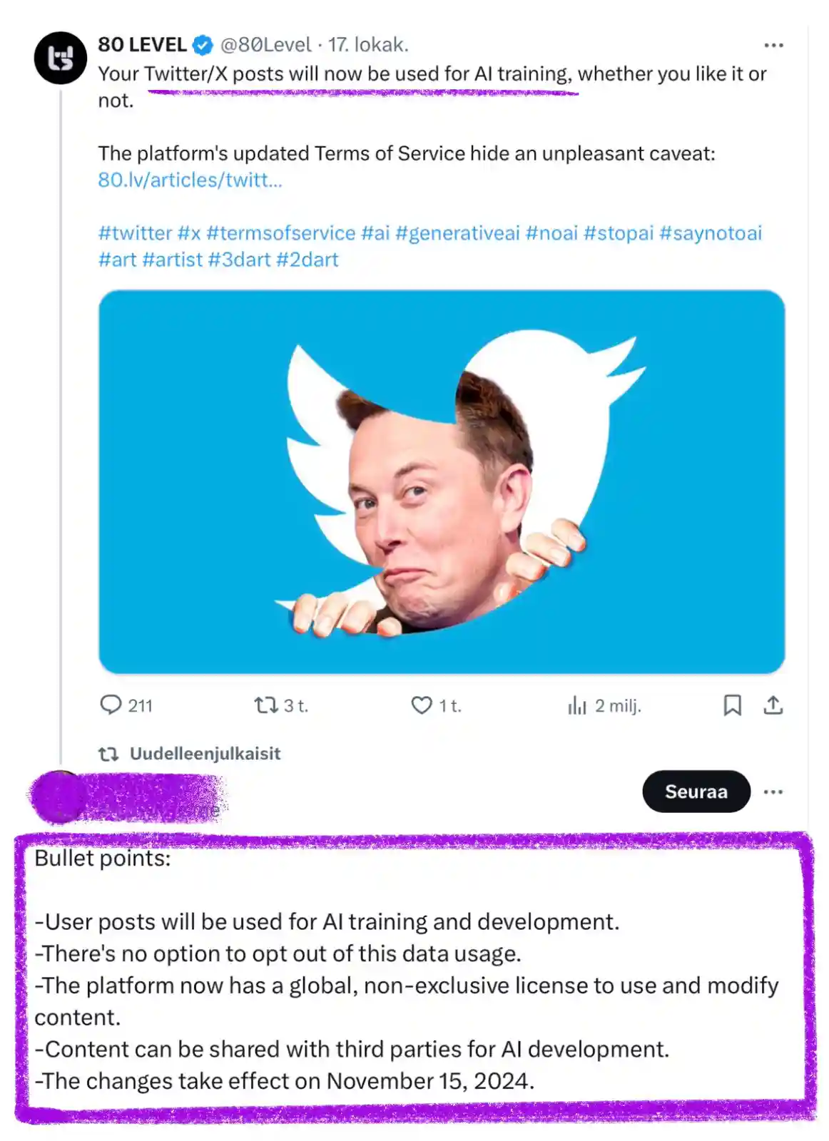 A screenshot of a Finnish Twitter/X post by '80 LEVEL' announcing that user posts will be used for AI training without…