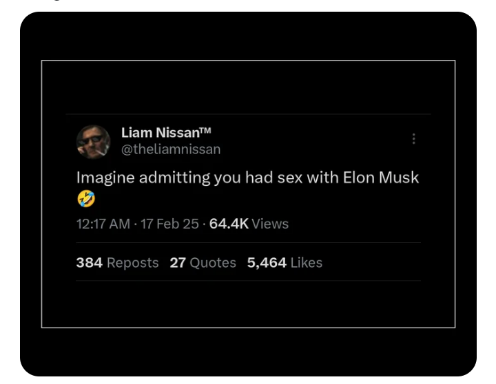 A screenshot of a tweet from user Liam Nissan™ (@theliamnissan) showing the text 'Imagine admitting you had sex with Elon…