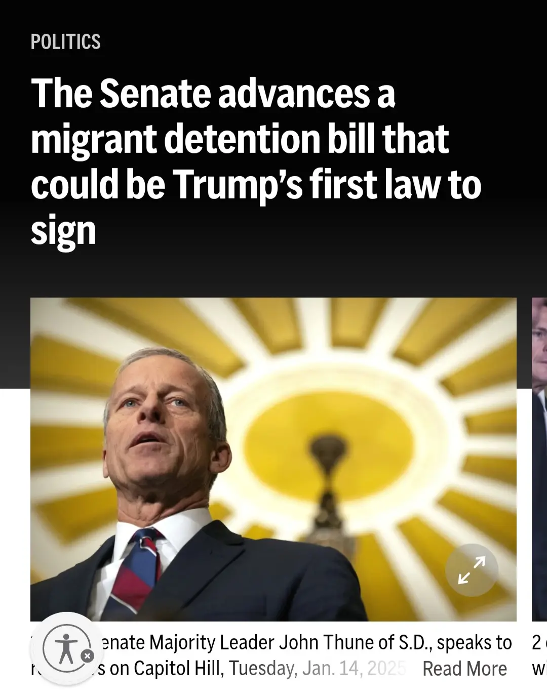 A screenshot of a news article header showing a photo of Senator John Thune speaking at Capitol Hill. The headline reads…