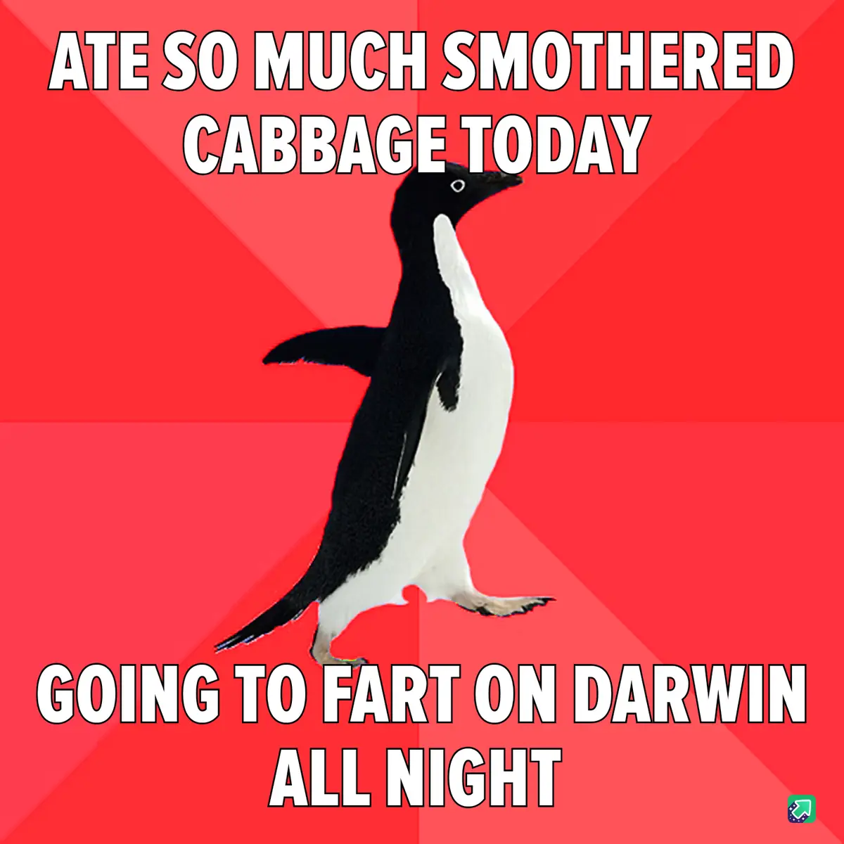 A black-and-white penguin stands against a red background with diagonal stripes. The text at the top reads 'ATE SO MUCH…