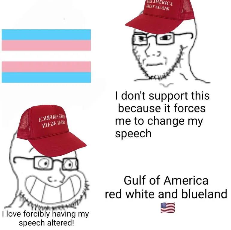 The image displays the trans flag on the left, and on the right, two panels of the 'distracted boyfriend' meme template. The…