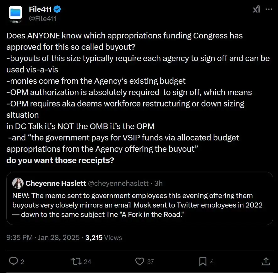 A screenshot of a Twitter thread where user @File411 explains the bureaucratic hurdles for government buyouts, emphasizing…