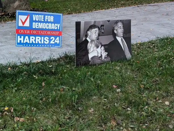 Two political yard signs sit in grass next to a sidewalk. One is a blue campaign sign with white text reading 'VOTE FOR…