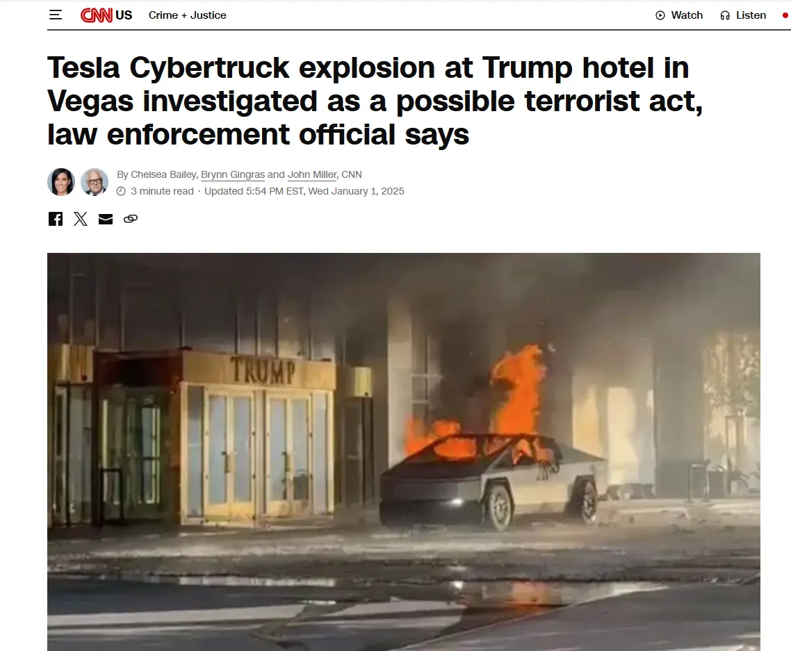 A CNN news article screenshot shows a Tesla Cybertruck engulfed in flames outside a building with a prominent 'TRUMP' sign…