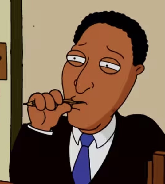 A cartoon man in a suit and blue tie holds a pencil to his lips with a bored, unimpressed expression. The overlaid text…