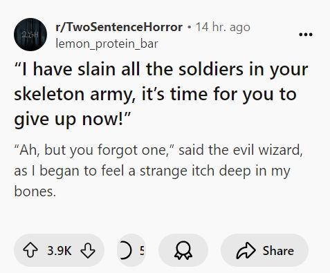 The image displays a Reddit post from r/TwoSentenceHorror, featuring a two-part horror joke. The first sentence reads: 'I…