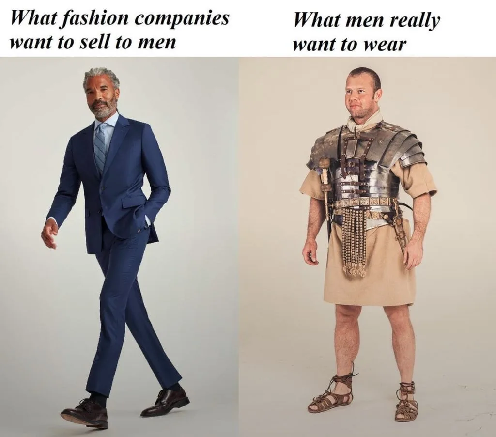 The image is split into two panels. The left panel shows a man in a sharp, modern blue suit with a tie and dress shoes…