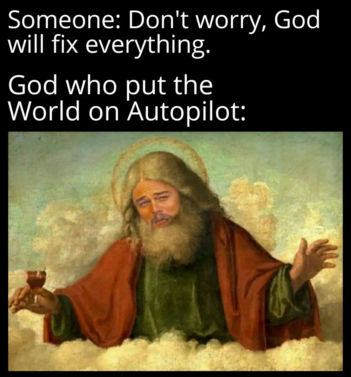 A classical painting depicts a bearded, haloed figure resembling Jesus Christ sitting on clouds, holding a wine glass in one…
