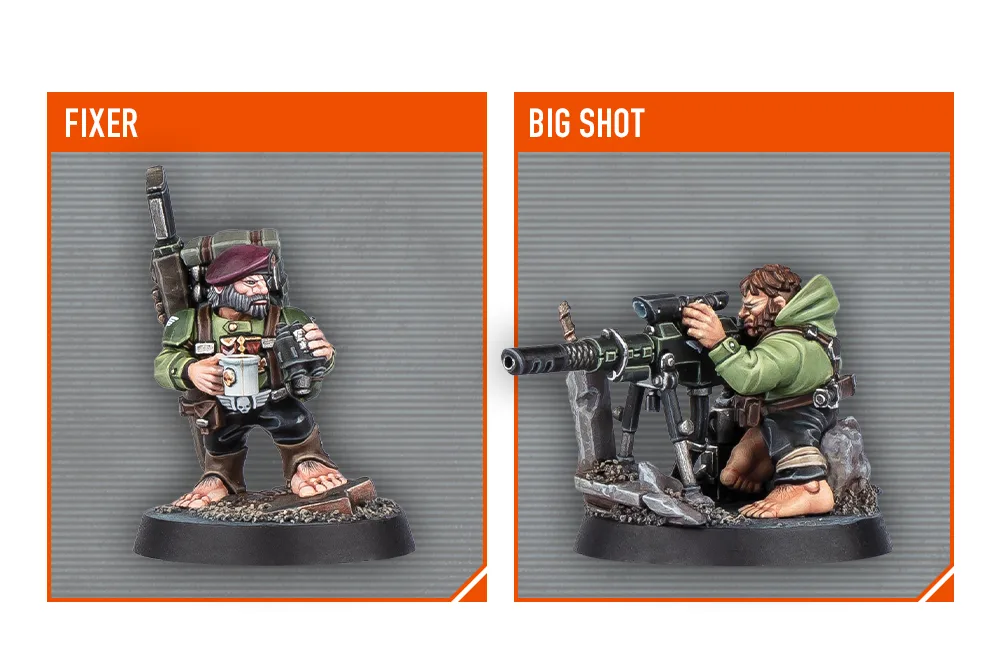Two side-by-side painted miniature figures labeled 'FIXER' and 'BIG SHOT'. The 'FIXER' figure, a bearded man in green gear…