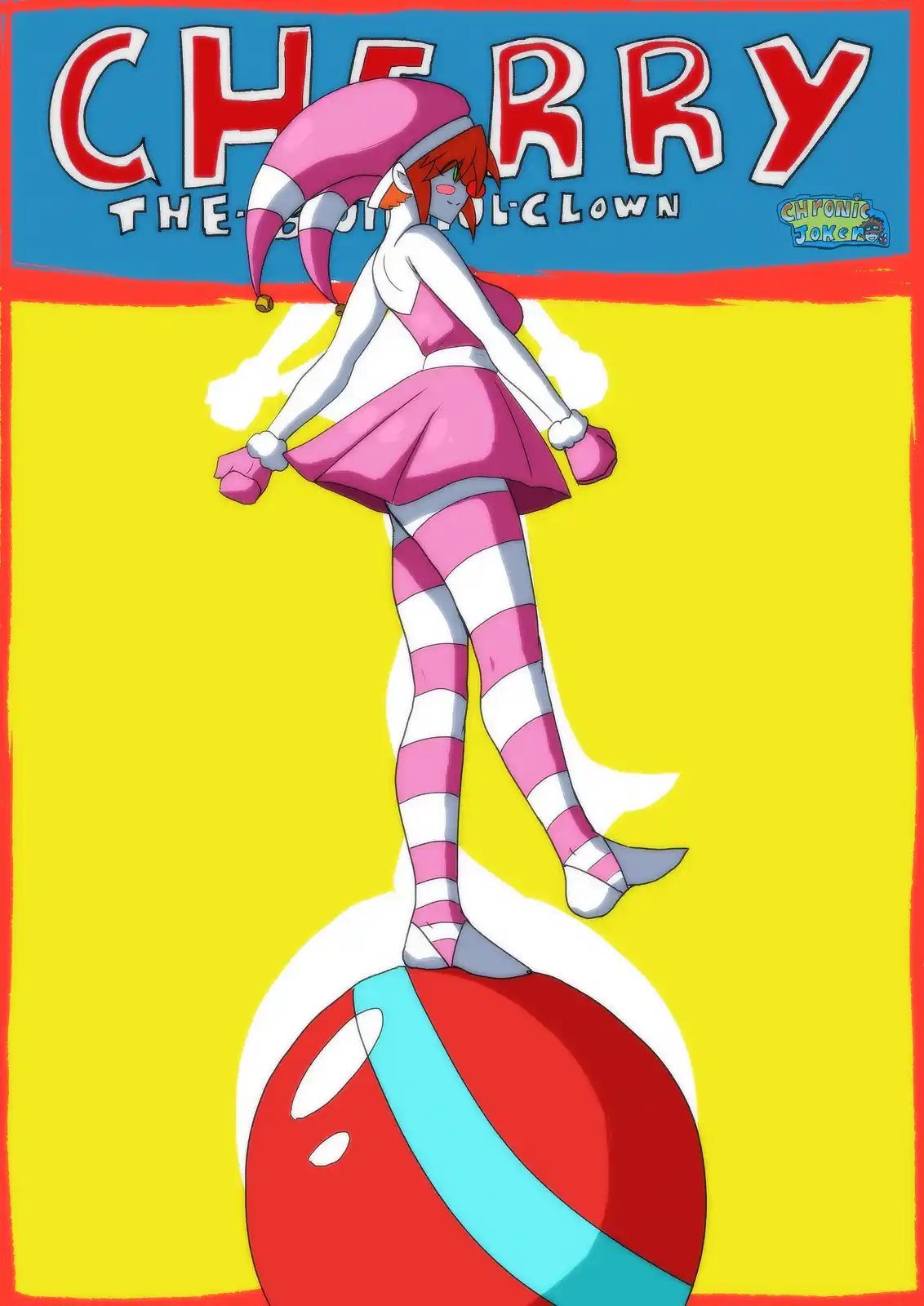 An anime-style illustration of a character named Cherry, wearing a pink and white jester hat, a pink dress, and…