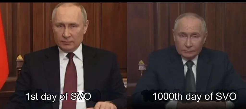 The image shows two side-by-side photos of Vladimir Putin seated at a desk in a formal setting. In the left panel, he wears…