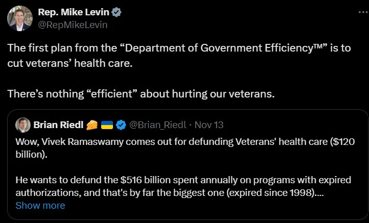 A screenshot of two Twitter posts. The top post by Rep. Mike Levin criticizes a fictional 'Department of Government…