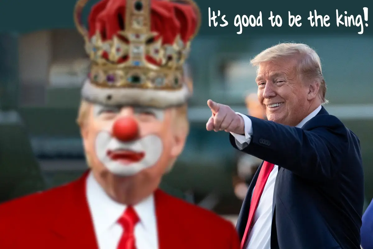 A composite image shows Donald Trump smiling and pointing right, while a blurred, clown-faced version of himself wearing a…