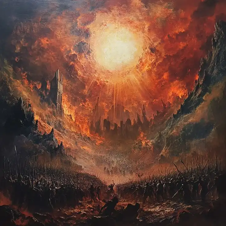 A dramatic, fiery painting depicts a massive battlefield with silhouetted soldiers and spiked fortifications under a blazing…