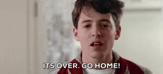 A six-panel image sequence shows a young man in a red and white striped shirt repeatedly shouting 'ITS OVER. GO HOME!' with…