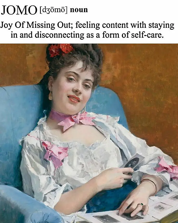 A vintage painting of a woman in a white dress with pink bows, seated comfortably in a blue armchair, holding a small…