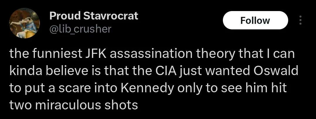 A screenshot of a tweet from user 'Proud Stavrocrat' (@lib_crusher) on a dark background. The tweet text reads: 'the…
