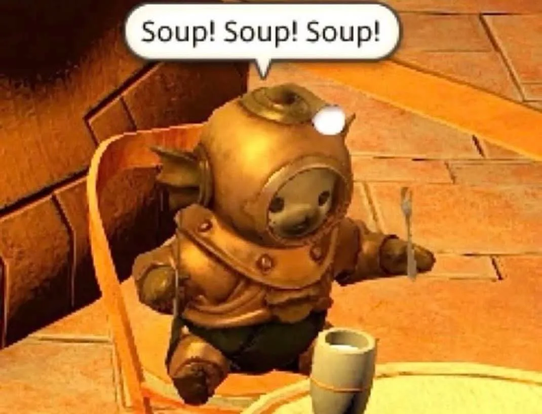 A small, cartoonish creature in a vintage diving suit sits at a table with a cup and fork, exclaiming 'Soup! Soup! Soup!' in…
