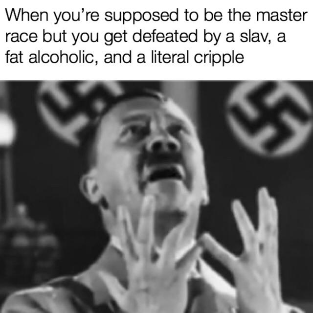 A black and white photo of Adolf Hitler with his hands raised in shock or disbelief, set against a backdrop with swastikas…