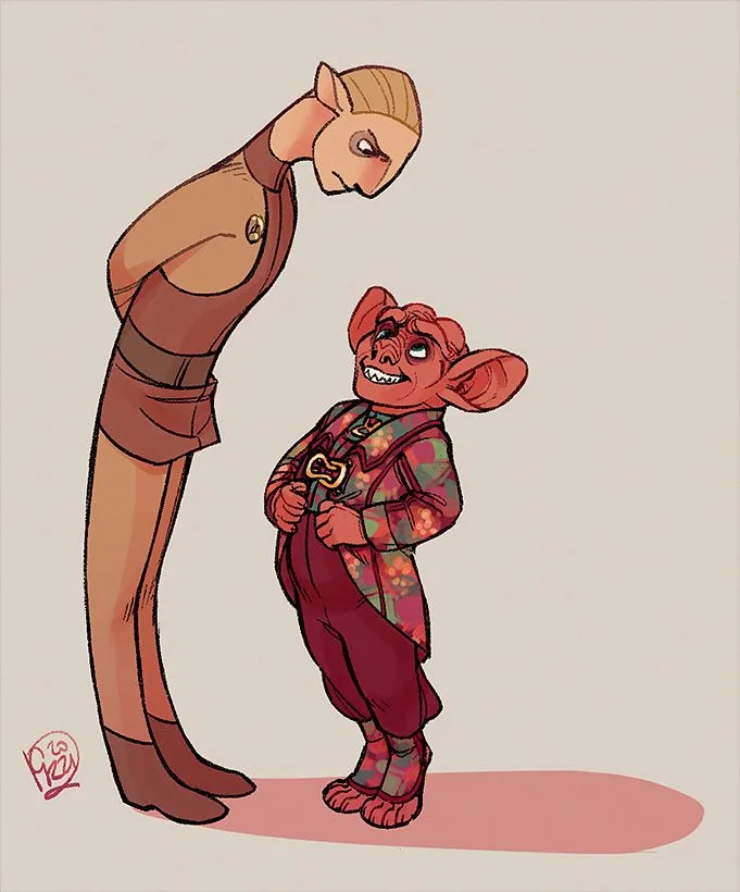 A tall, slender humanoid with blonde hair and a brown uniform leans down to look at a small, red-skinned, goblin-like…