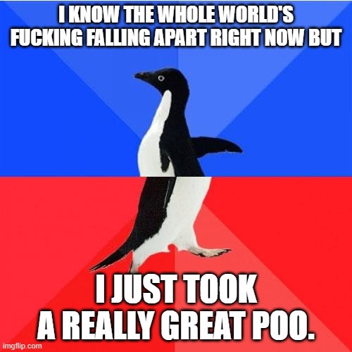 A black-and-white penguin stands centered against a blue-and-red background, with bold white text overlaid in two sections…