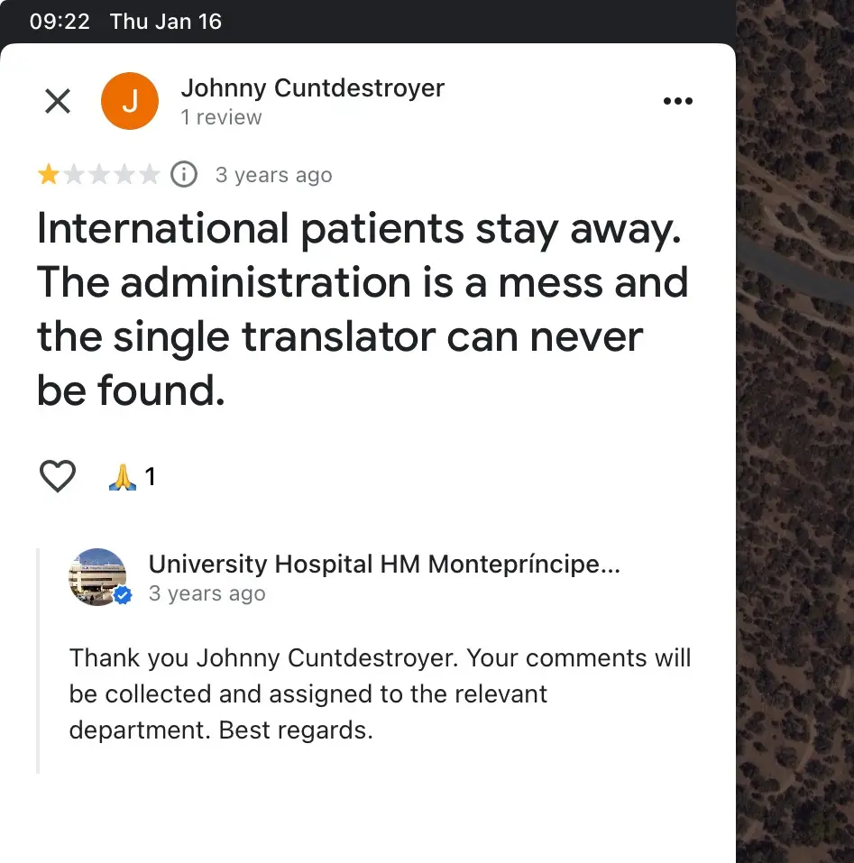 A screenshot of a Google review interface shows a one-star review from 'Johnny Cuntdestroyer' complaining that international…