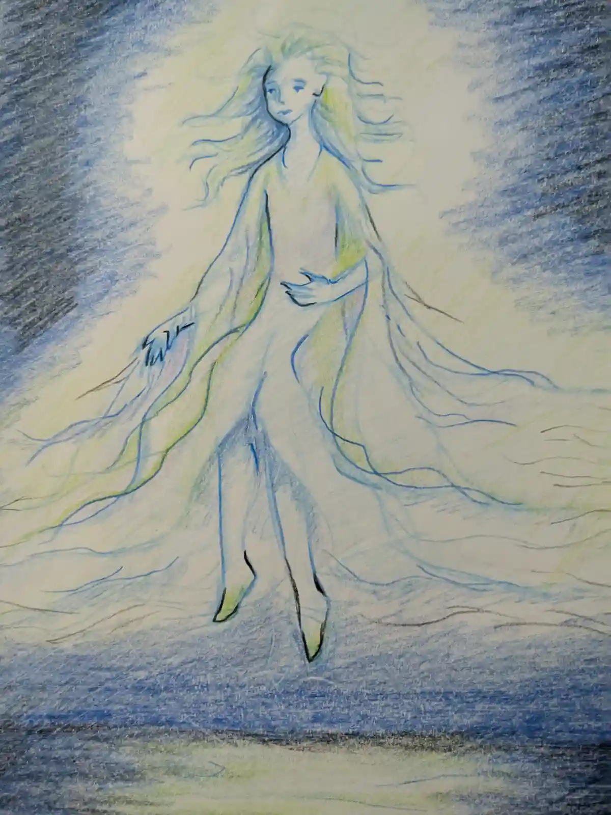 A hand-drawn illustration depicts a woman with flowing blonde hair and a long, flowing white gown, standing in a blue-toned…