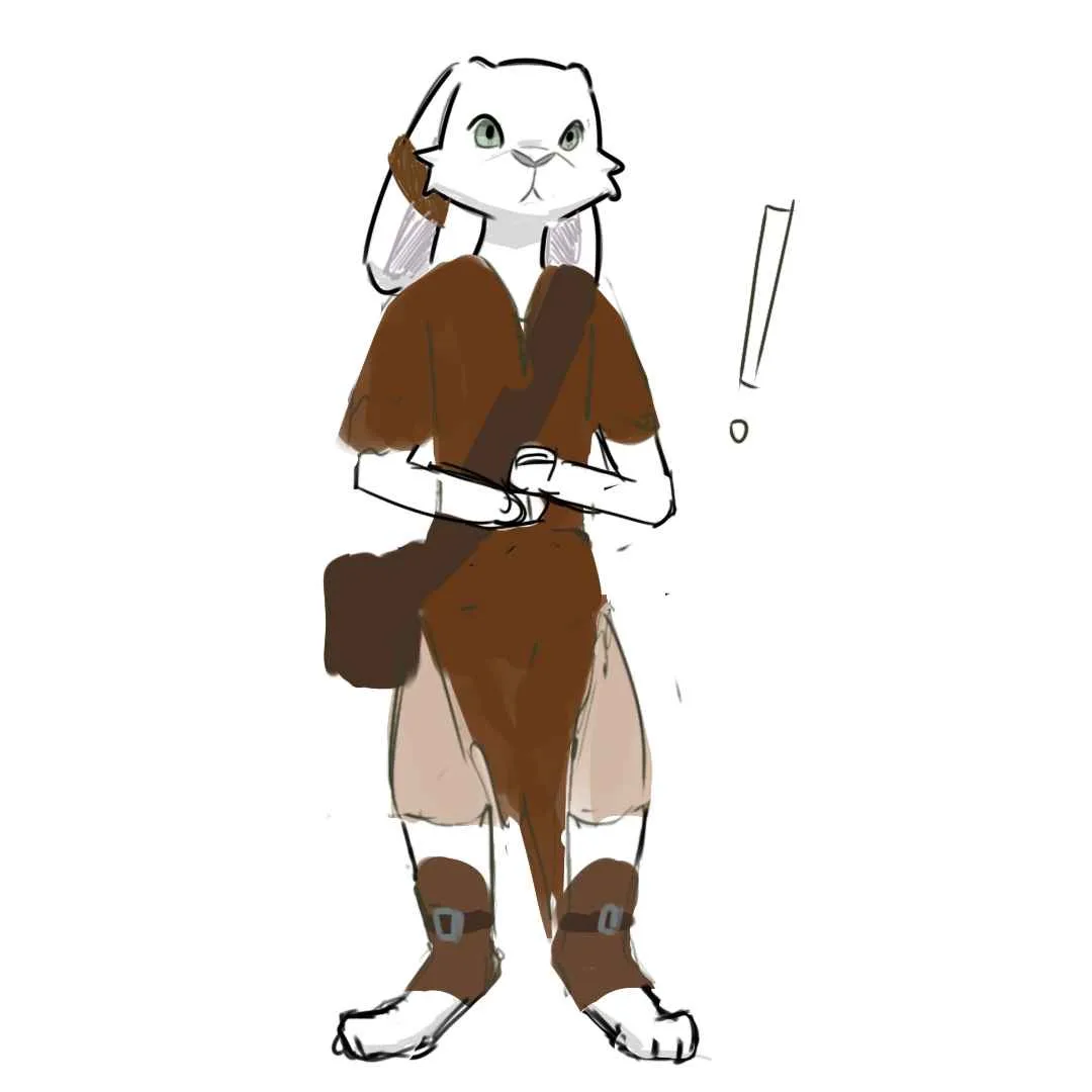A cartoon rabbit character with green eyes, wearing brown shorts, a brown tunic, and brown boots with buckles, stands with…