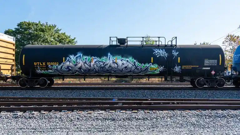 A black railroad tank car with the text 'UTLX 959060 THE TANK CAR PEOPLE' is covered in large, stylized graffiti art in…
