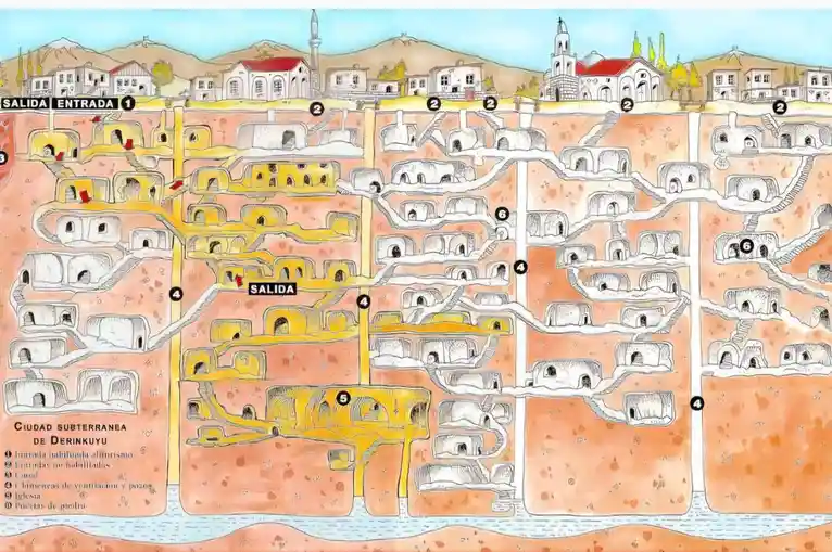 An illustrated map of the underground city of Derinkuyu, showing multiple levels of tunnels, chambers, and staircases carved…