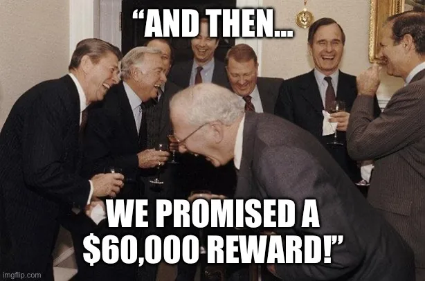 A group of men in suits are laughing and toasting at a party. One older man in the foreground is bent over laughing, while…