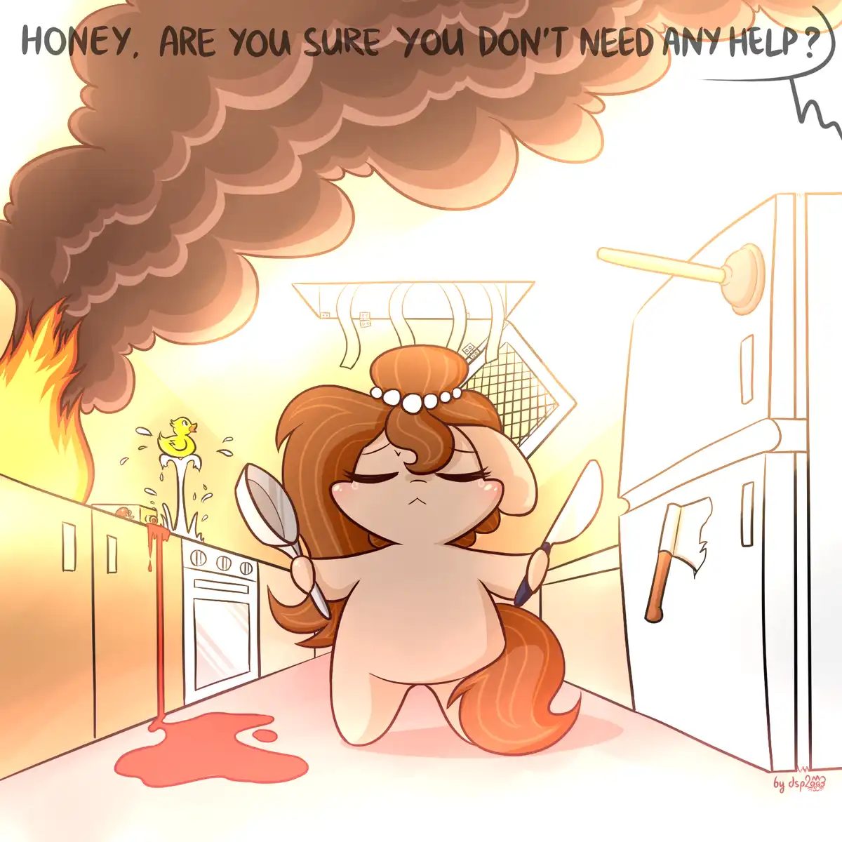 A cartoon pony with brown hair and a pearl headband stands in a kitchen, holding a frying pan and a knife, looking stressed…