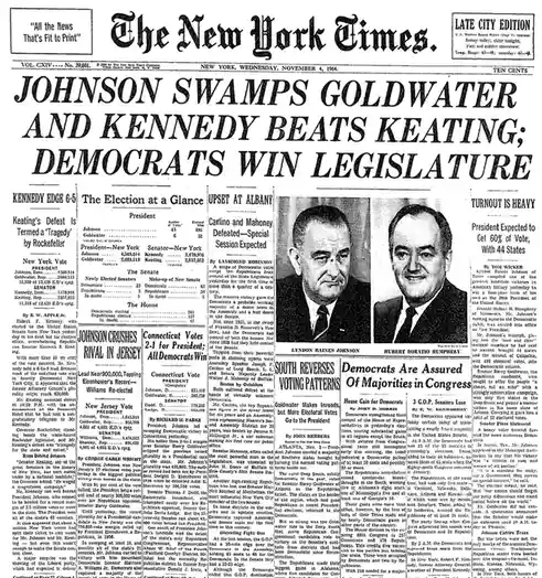 A black-and-white image of the front page of The New York Times from November 4, 1964, reporting on the U.S. presidential…