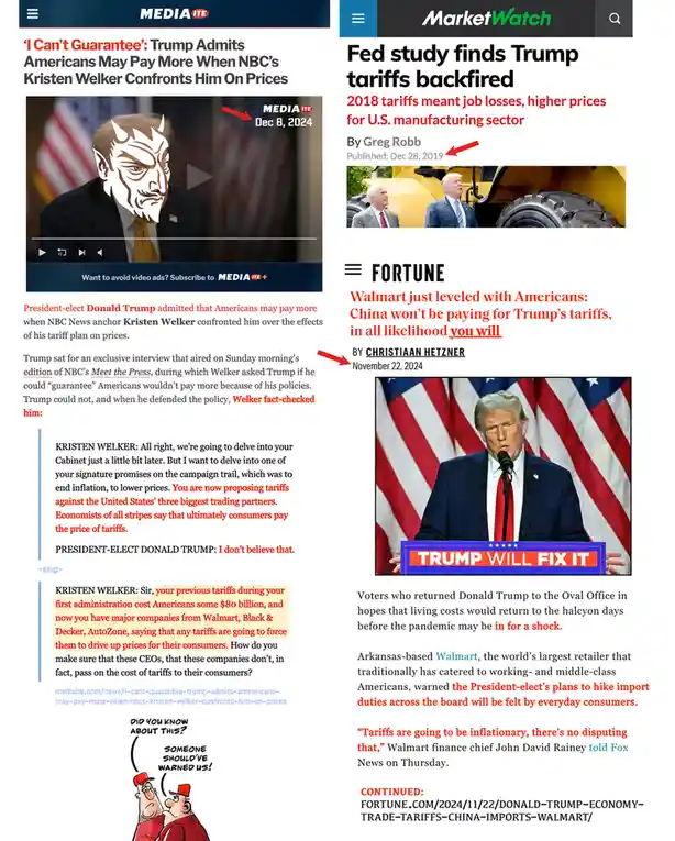 The image displays three news articles about Donald Trump's tariffs, juxtaposed with a cartoon of two men in red hats saying…
