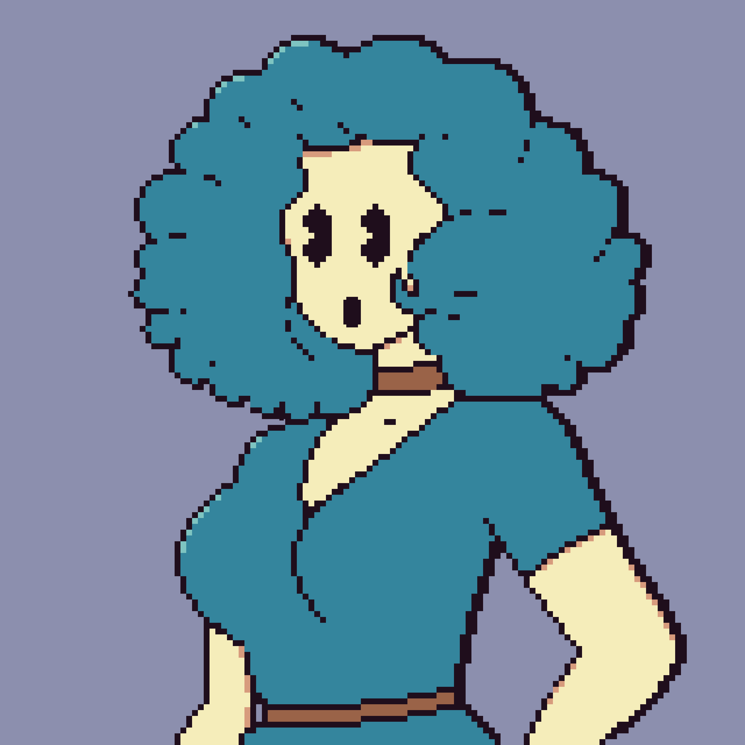 A pixelated, low-resolution image shows a character with teal hair and a light yellow face, looking displeased. The…