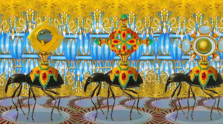 Three black, insect-like creatures with long beaks and ornate golden headdresses adorned with jewels stand in a lavish…