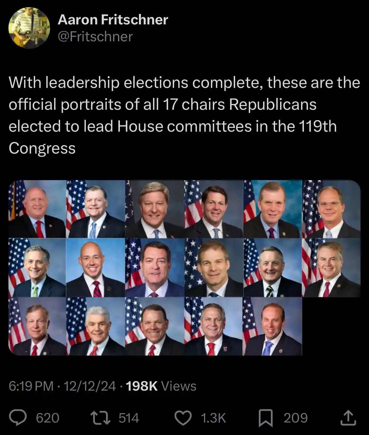 A screenshot of a tweet by Aaron Fritschner showing a grid of 17 official U.S. congressional portraits of Republican…