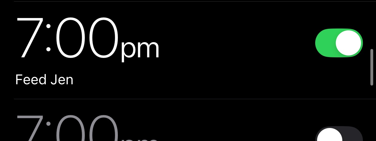 A screenshot of a phone's reminder app showing '7:00pm Feed Jen' with a green toggle switch turned on, indicating the…