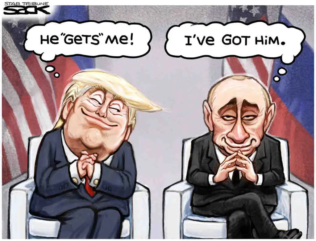 A cartoon depicts two men seated in chairs with American flags behind them. The man on the left, with blond hair and a smug…