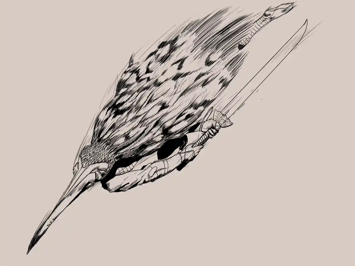 A black-and-white line drawing depicts a kiwi bird, identifiable by its long beak and feathered body, holding a sword with…