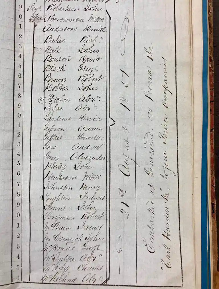 Adam Gibson's embarkation journey back in 1851