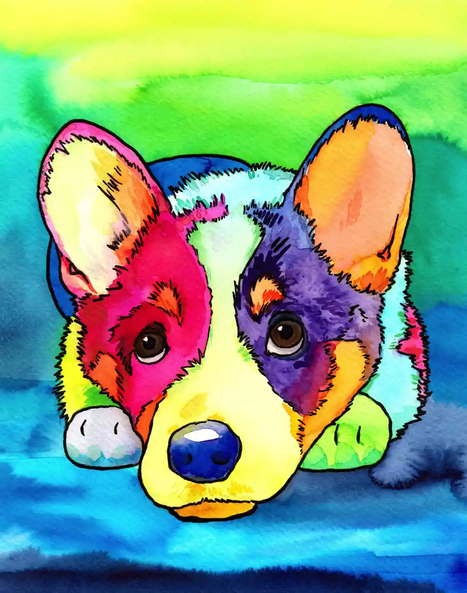 A vibrant watercolor painting of a corgi puppy's face, with one side of its head painted pink and the other side purple, set…
