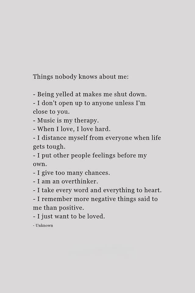 A plain gray background displays a list of personal vulnerabilities and emotional traits under the heading 'Things nobody…