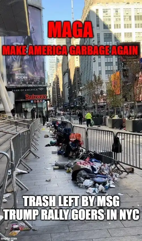 A street scene in New York City shows piles of trash and discarded belongings, including strollers and bags, left behind…