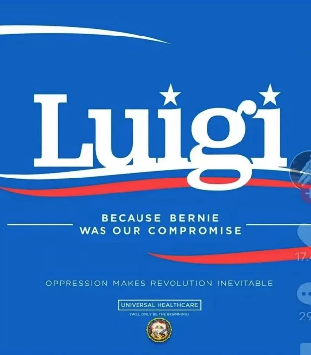 A blue political campaign-style image with the name 'Luigi' in large white text, styled like a presidential campaign. Below…